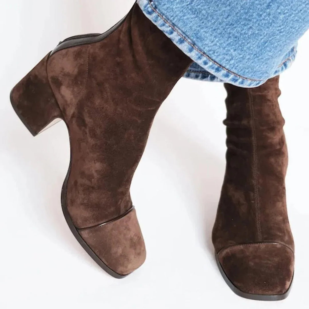 Women's Suede Block Heel Ankle Boots – Leopard Toe