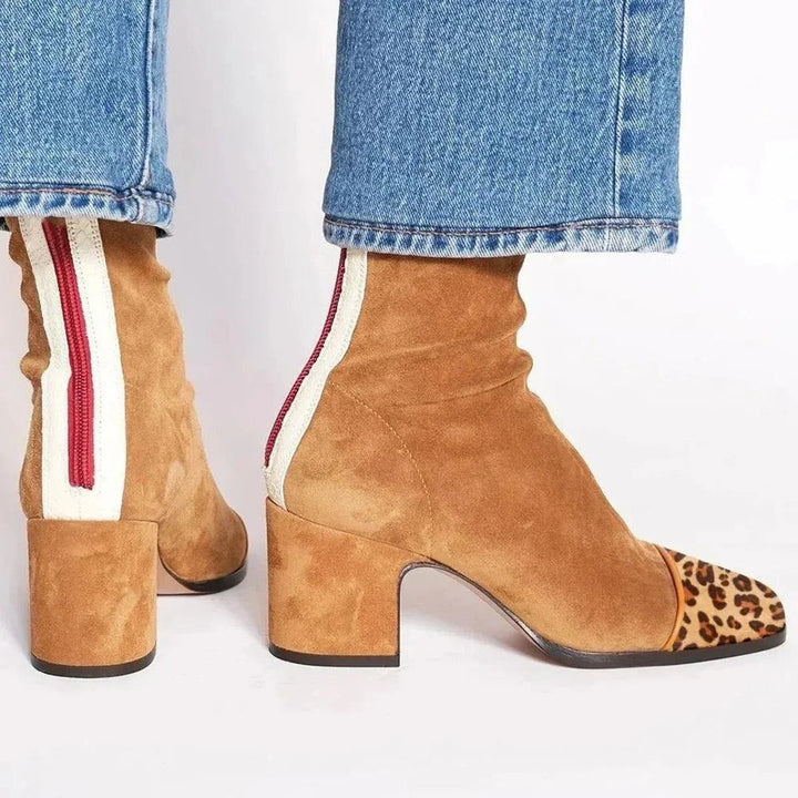 Women's Suede Block Heel Ankle Boots – Leopard Toe