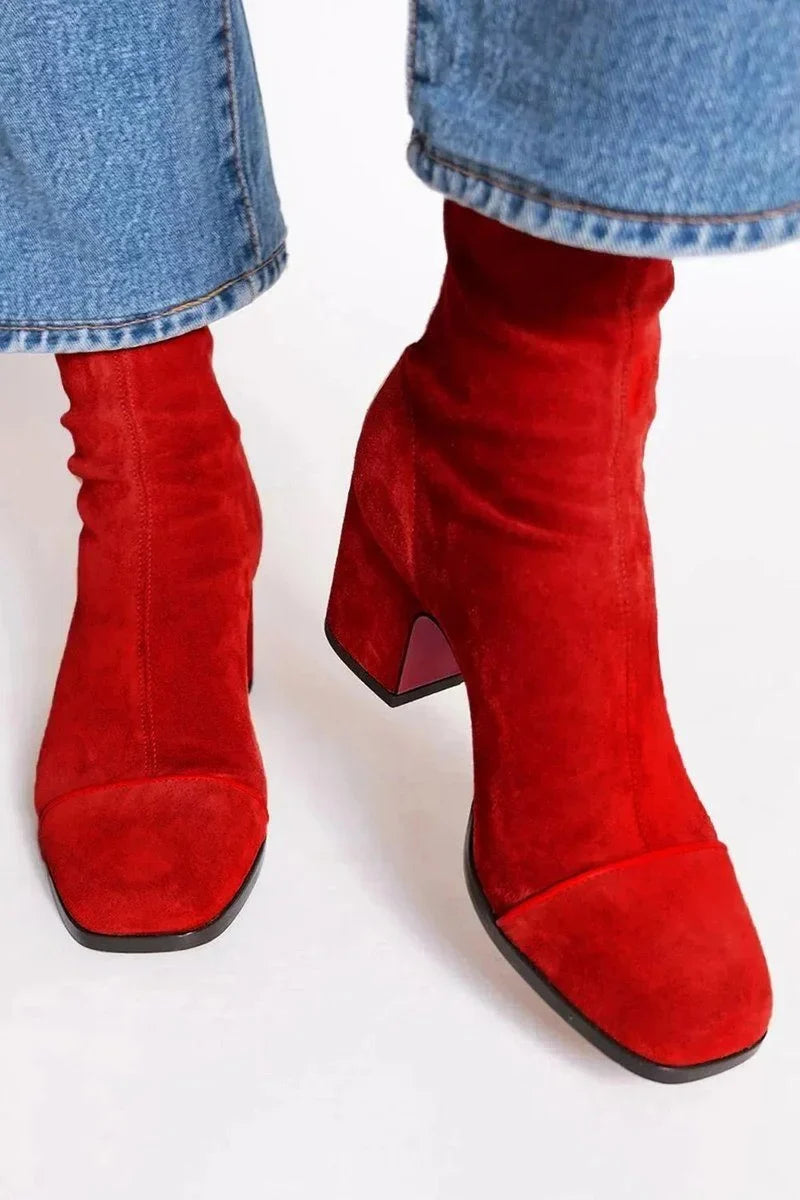 Women's Suede Block Heel Ankle Boots – Leopard Toe