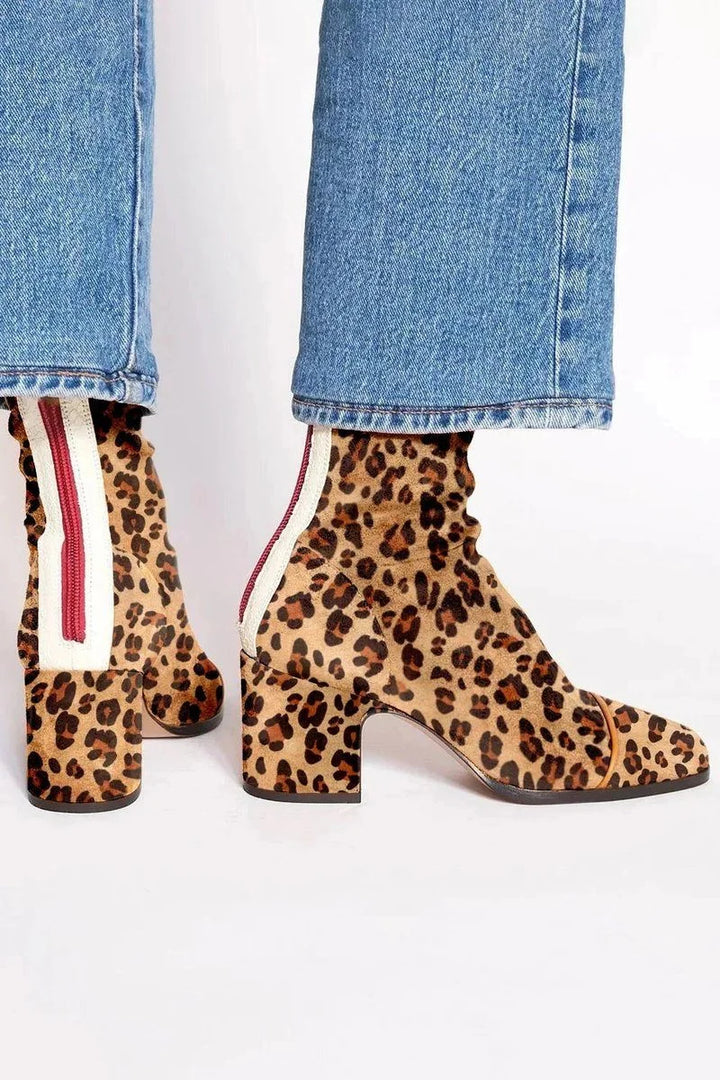 Women's Suede Block Heel Ankle Boots – Leopard Toe