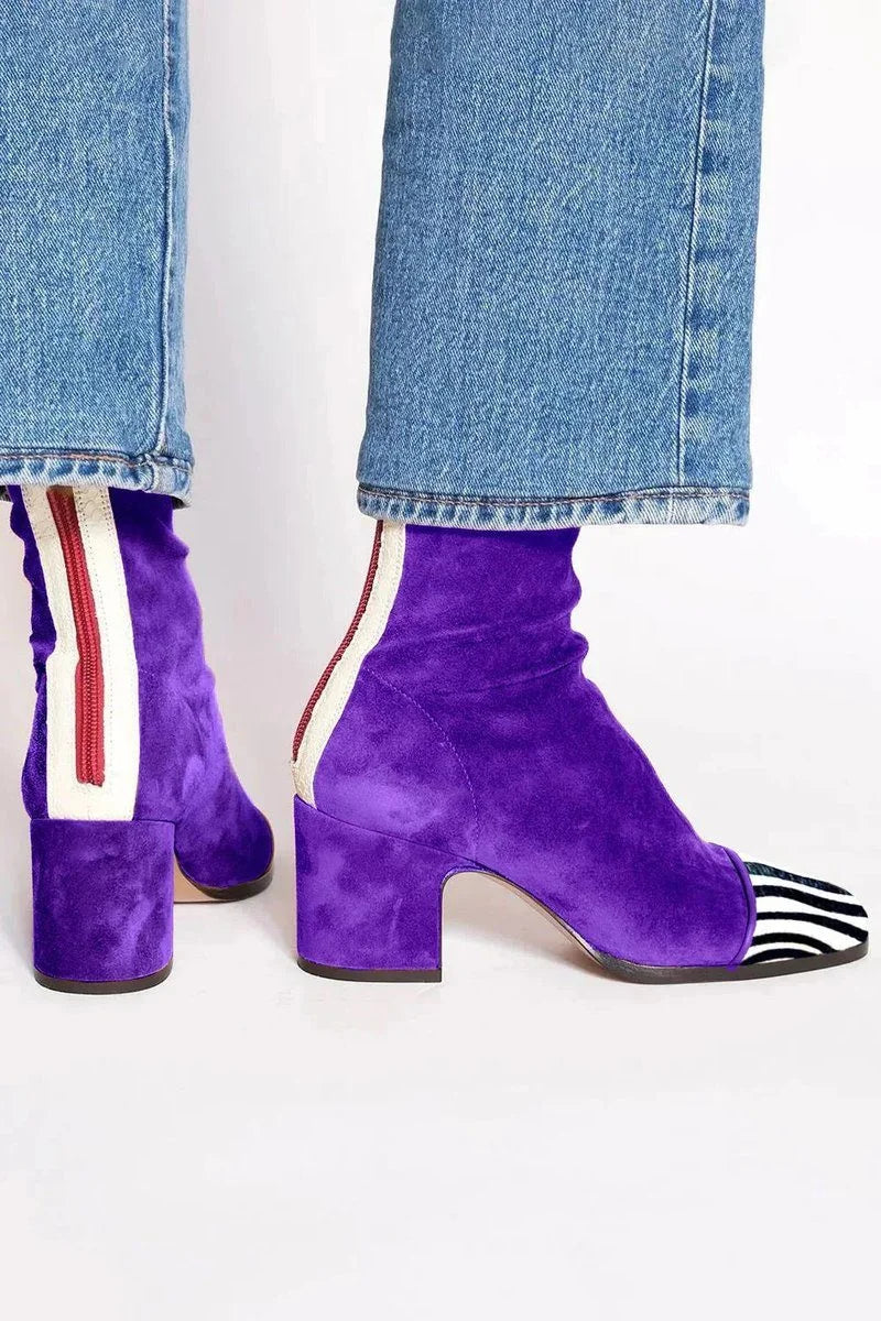 Women's Suede Block Heel Ankle Boots – Leopard Toe