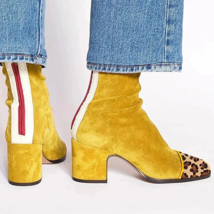 Women's Suede Block Heel Ankle Boots – Leopard Toe