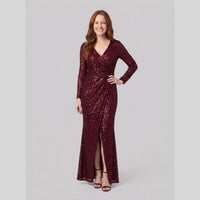 Women's Evening Gown – Burgundy Sequin Long-Sleeve Christmas Party