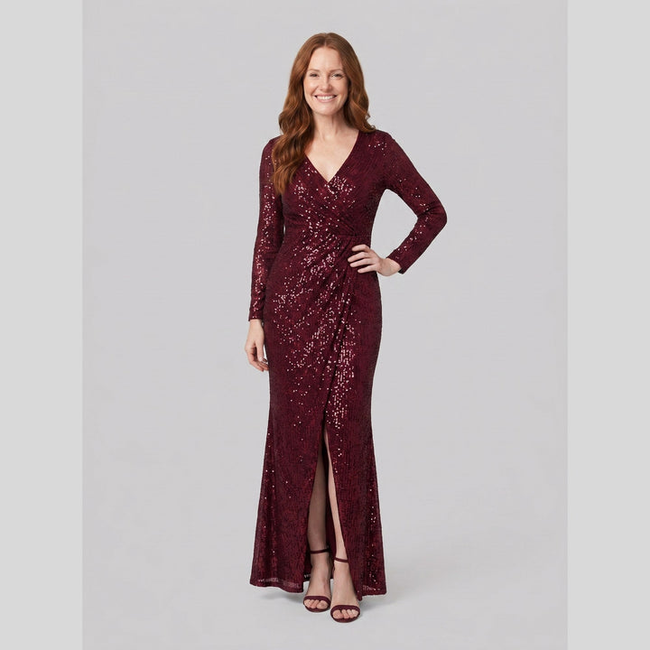 Women's Evening Gown – Burgundy Sequin Long-Sleeve Christmas Party
