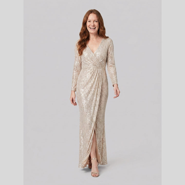 Women's Evening Gown – Burgundy Sequin Long-Sleeve Christmas Party