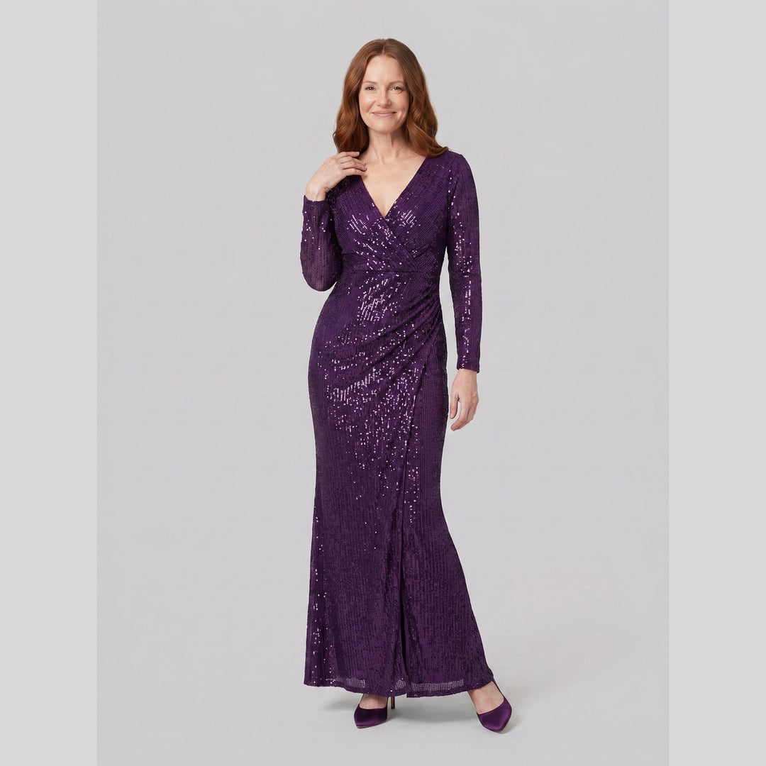 Women's Evening Gown – Burgundy Sequin Long-Sleeve Christmas Party