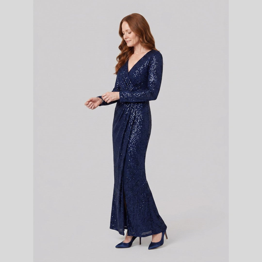 Women's Evening Gown – Burgundy Sequin Long-Sleeve Christmas Party