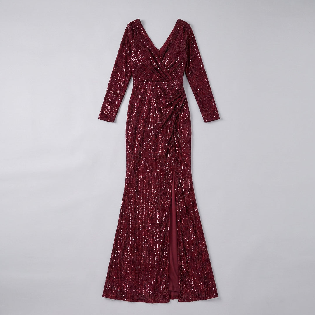 Women's Evening Gown – Burgundy Sequin Long-Sleeve Christmas Party