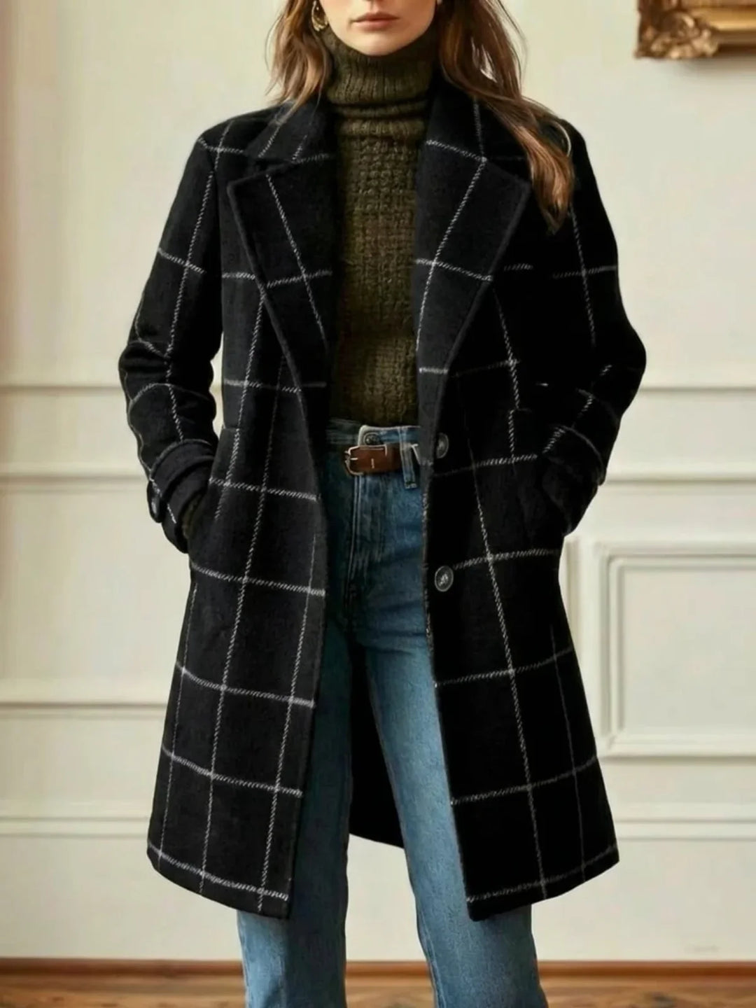 Women's Windowpane Check Wool Coat – Wide Collar
