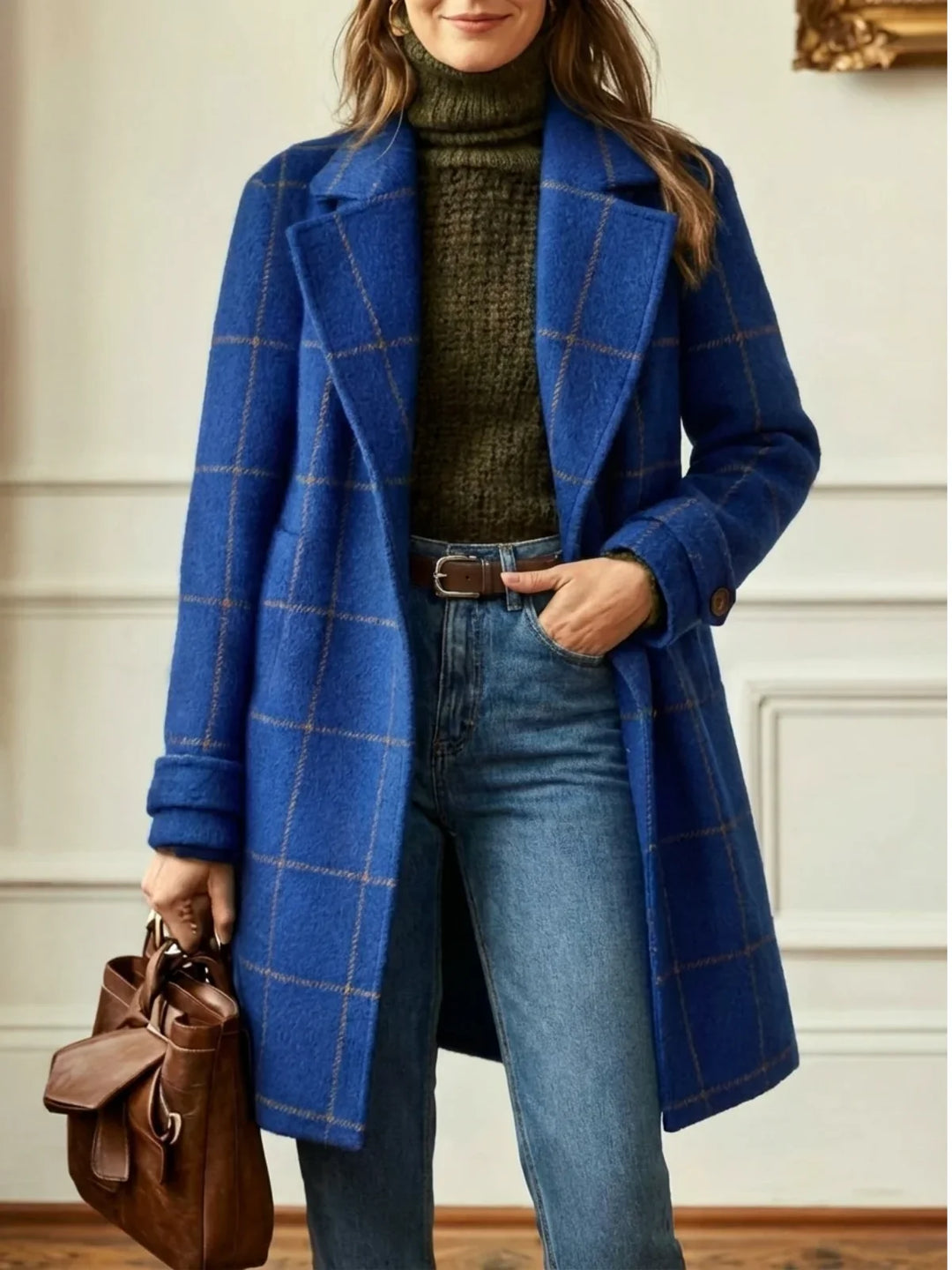 Women's Windowpane Check Wool Coat – Wide Collar