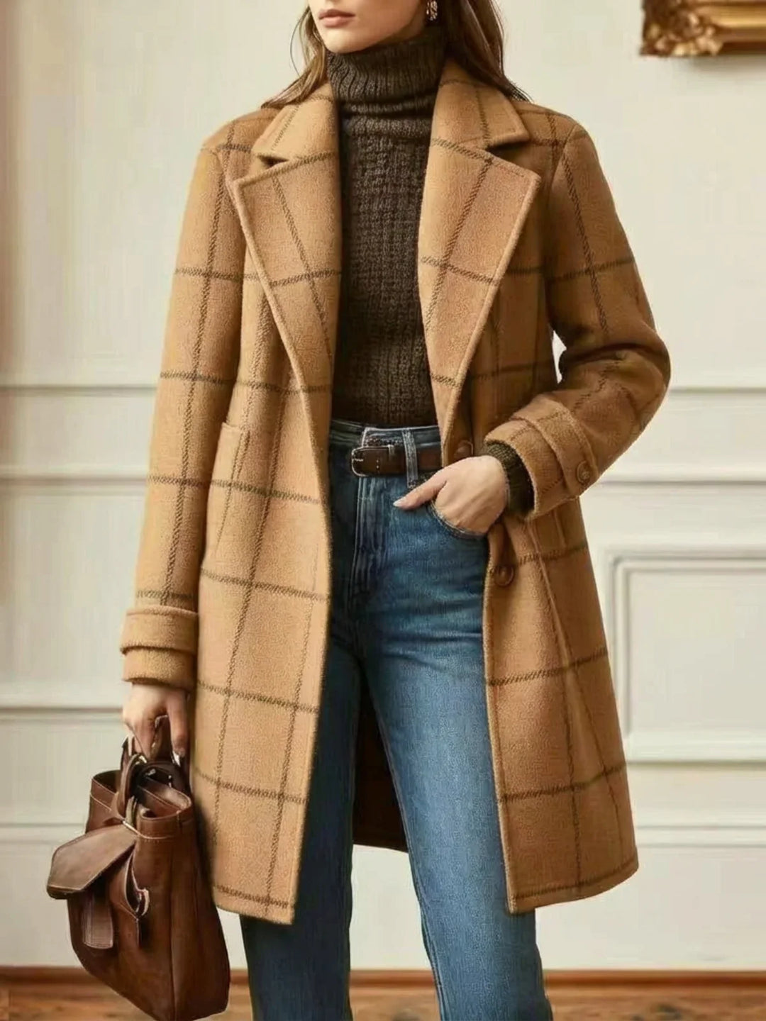 Women's Windowpane Check Wool Coat – Wide Collar