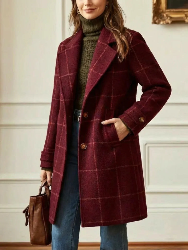 Women's Windowpane Check Wool Coat – Wide Collar