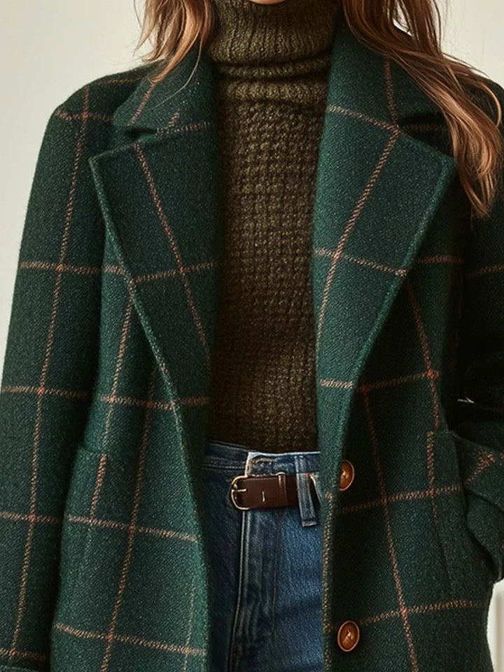 Women's Windowpane Check Wool Coat – Wide Collar