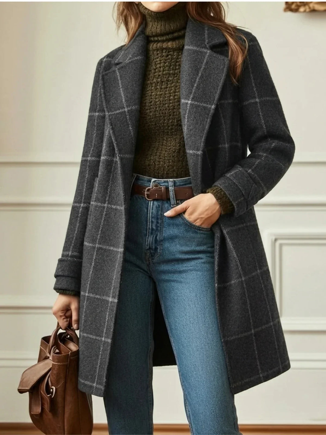 Women's Windowpane Check Wool Coat – Wide Collar