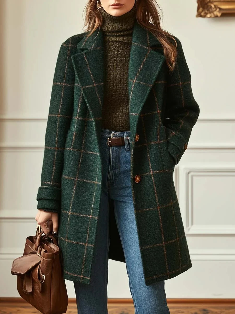 Women's Windowpane Check Wool Coat – Wide Collar