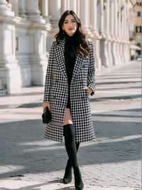 Women's Houndstooth Double Breasted Long Coat