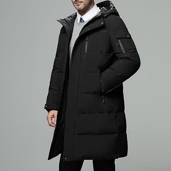 Extended-Length Hooded Puffer Coat with Zip Pockets