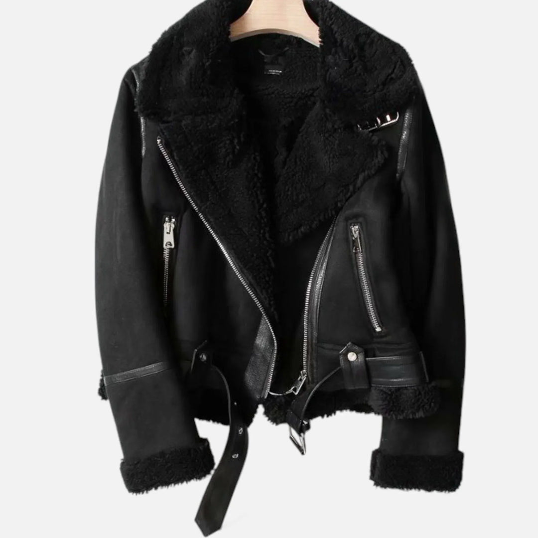Women's Jacket – Suede Faux-Shearling Belted Aviator Winter