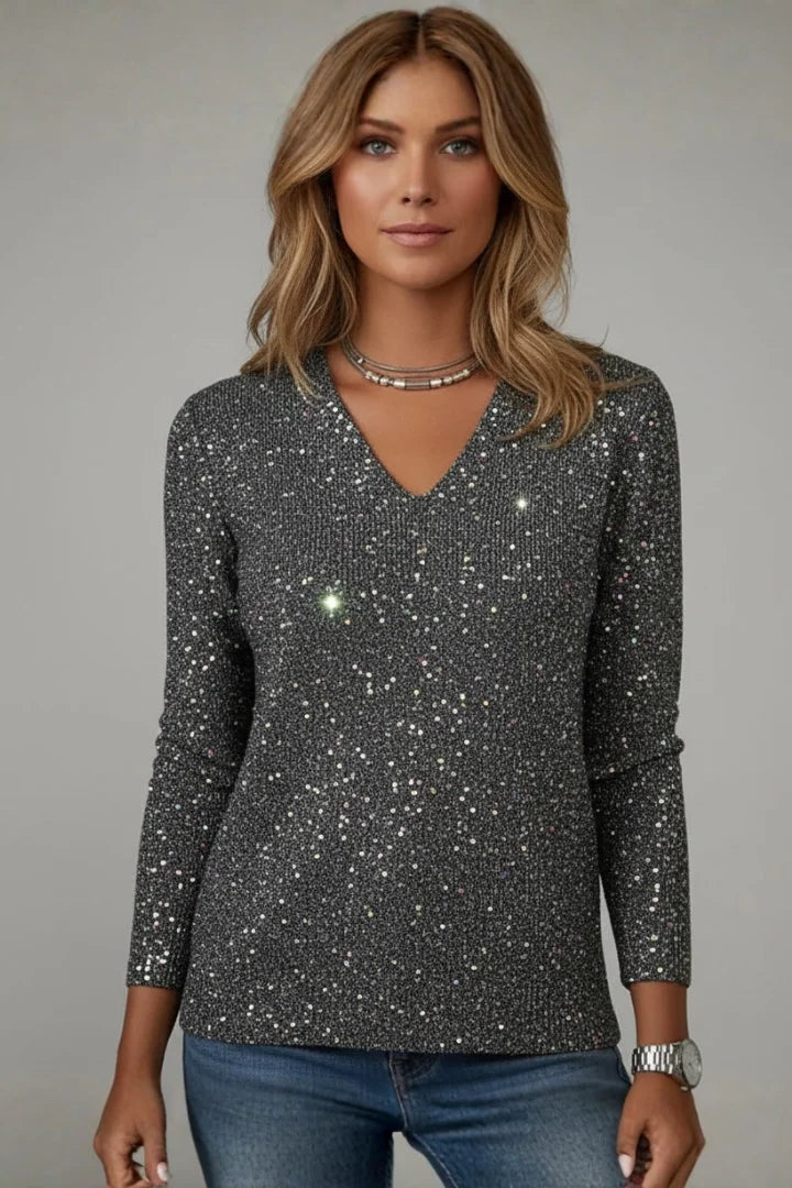 Women's Sequin V-Neck Long Sleeve Jumper
