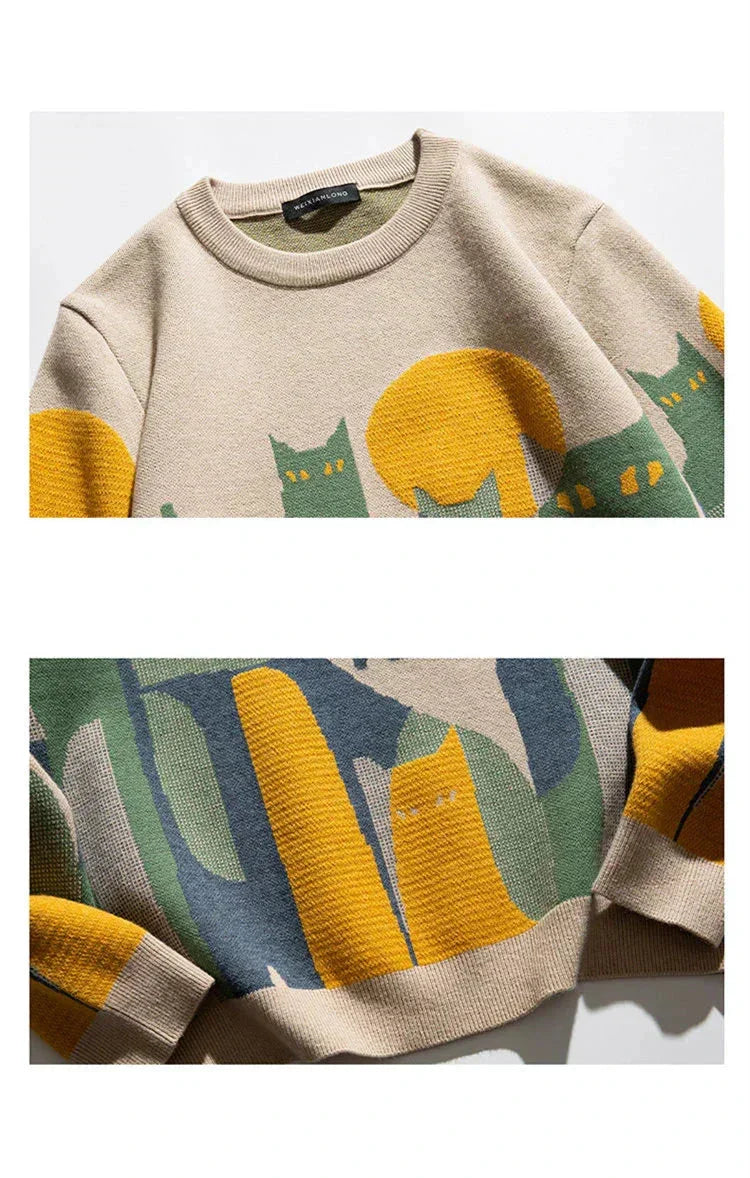 Women's Abstract Cat Graphic Knit Sweater – Long-Sleeve Crewneck