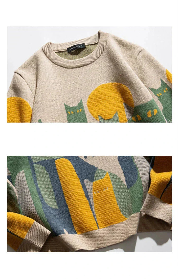 Women's Abstract Cat Graphic Knit Sweater – Long-Sleeve Crewneck
