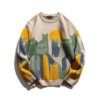 Women's Abstract Cat Graphic Knit Sweater – Long-Sleeve Crewneck