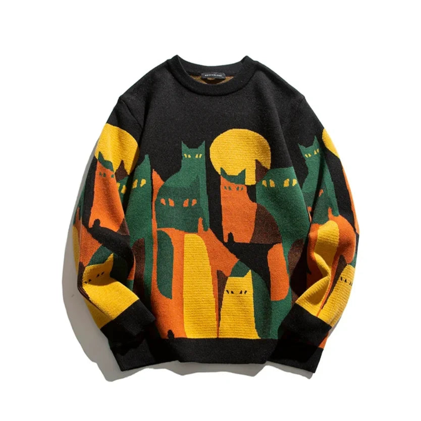 Women's Abstract Cat Graphic Knit Sweater – Long-Sleeve Crewneck