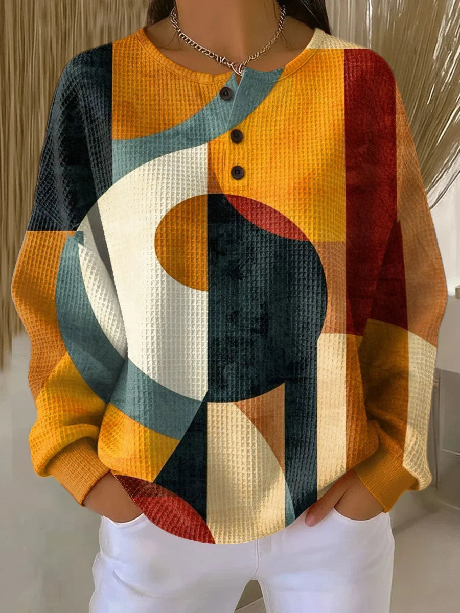 Women's Abstract Geometric Print Waffle Knit Sweater – Round Neck And Button Placket