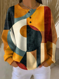 Women's Abstract Geometric Print Waffle Knit Sweater – Round Neck And Button Placket