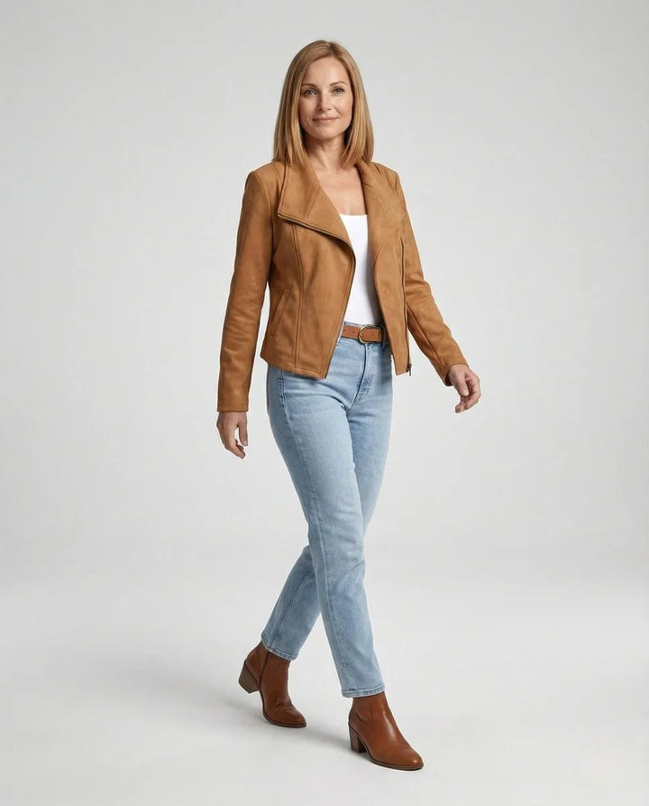 Women's Asymmetric-Zip Tailored Faux Suede Biker Leather Jacket