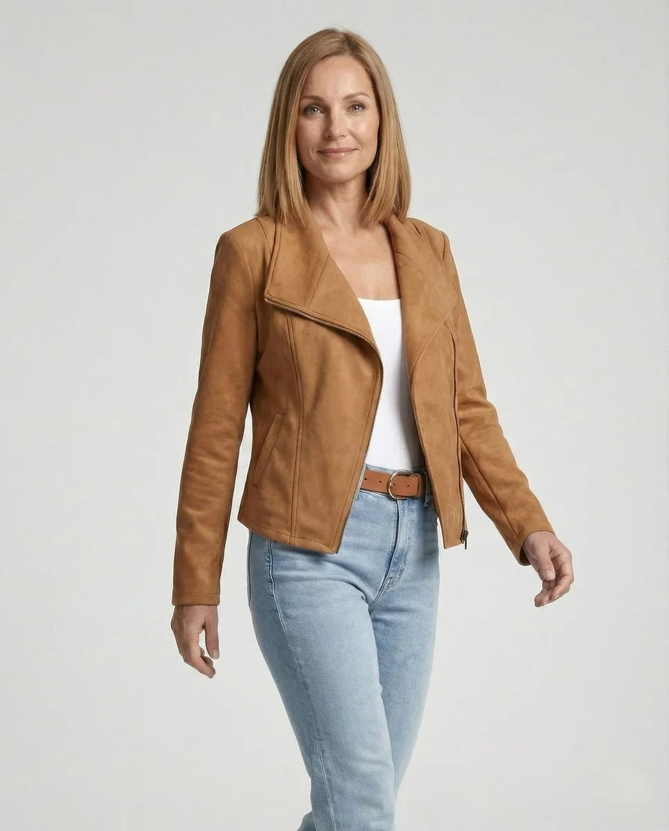 Women's Asymmetric-Zip Tailored Faux Suede Biker Leather Jacket