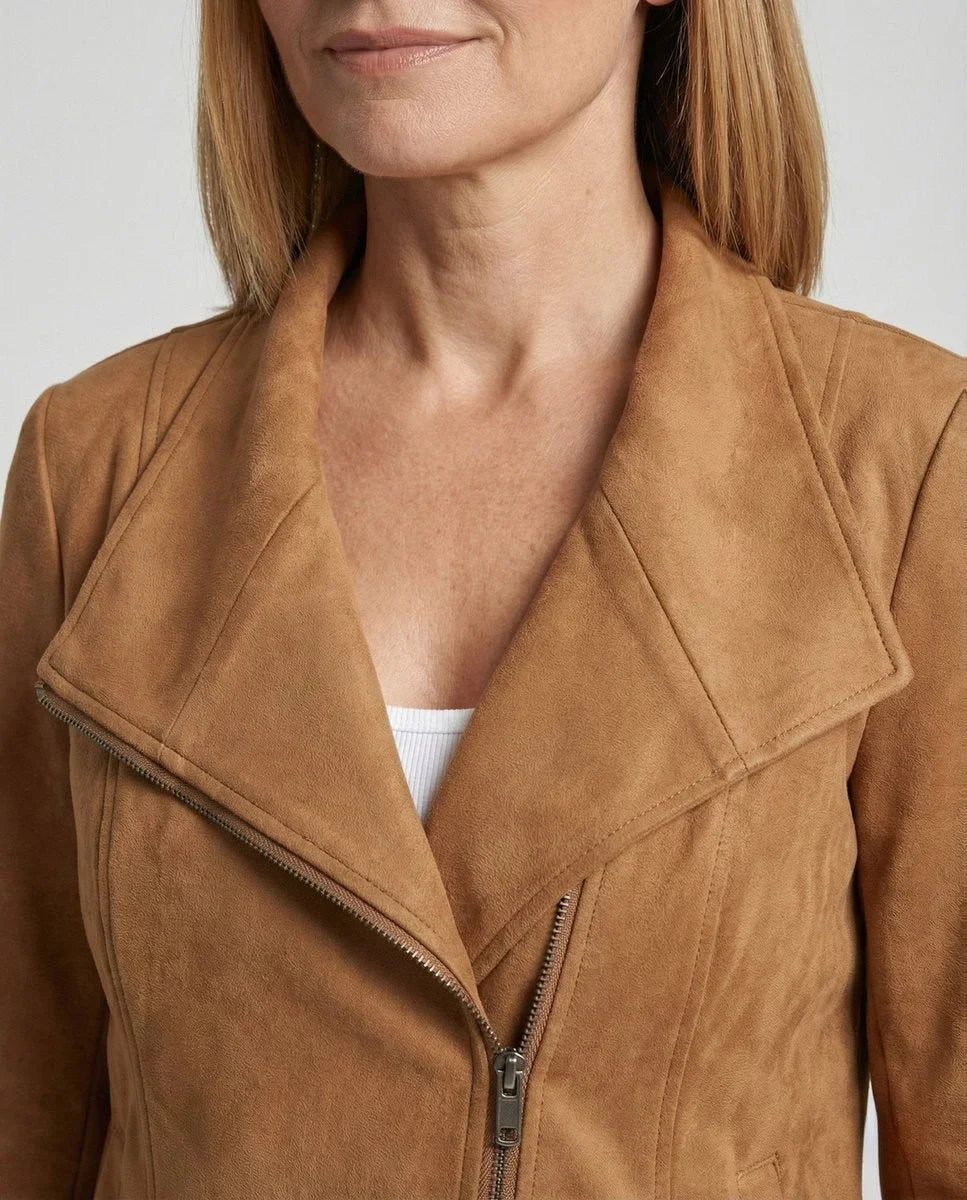 Women's Asymmetric-Zip Tailored Faux Suede Biker Leather Jacket