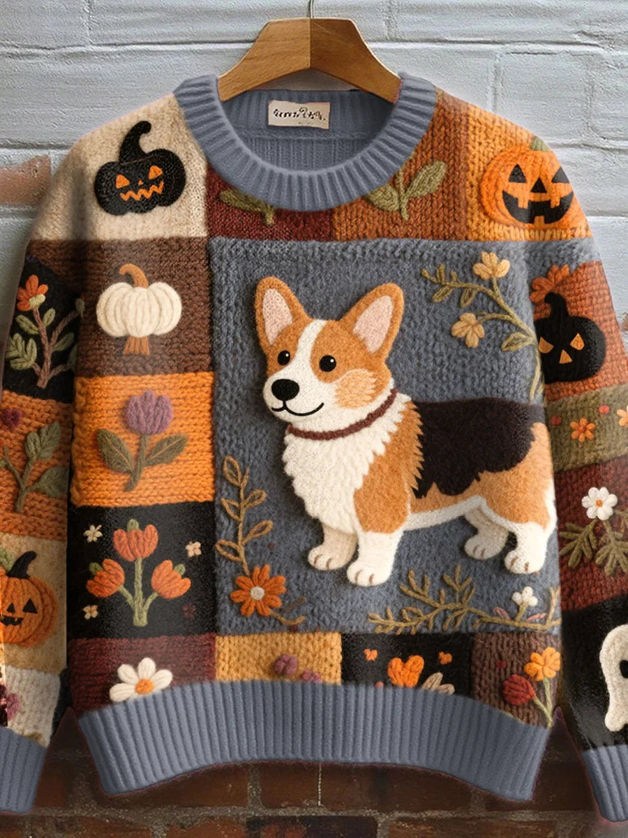 Women's Autumnal Patchwork Knit Sweater – Embroidered Corgi And Pumpkin Design