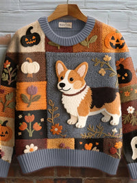 Women's Autumnal Patchwork Knit Sweater – Embroidered Corgi And Pumpkin Design