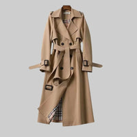 Women's Beige Double-Breasted Trench Coat – Belted Waist And Plaid Lining