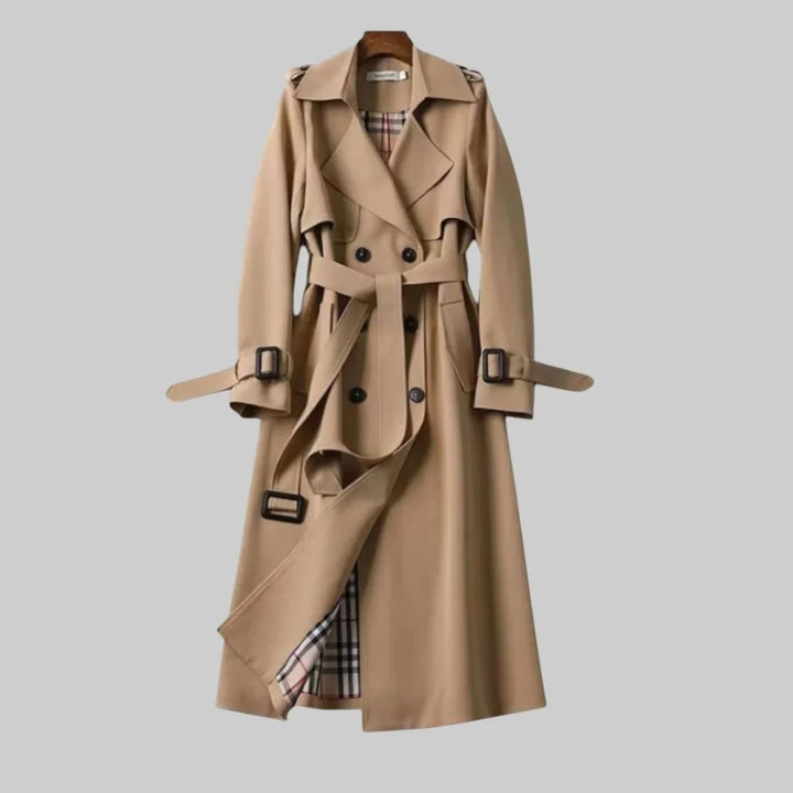 Women's Beige Double-Breasted Trench Coat – Belted Waist And Plaid Lining