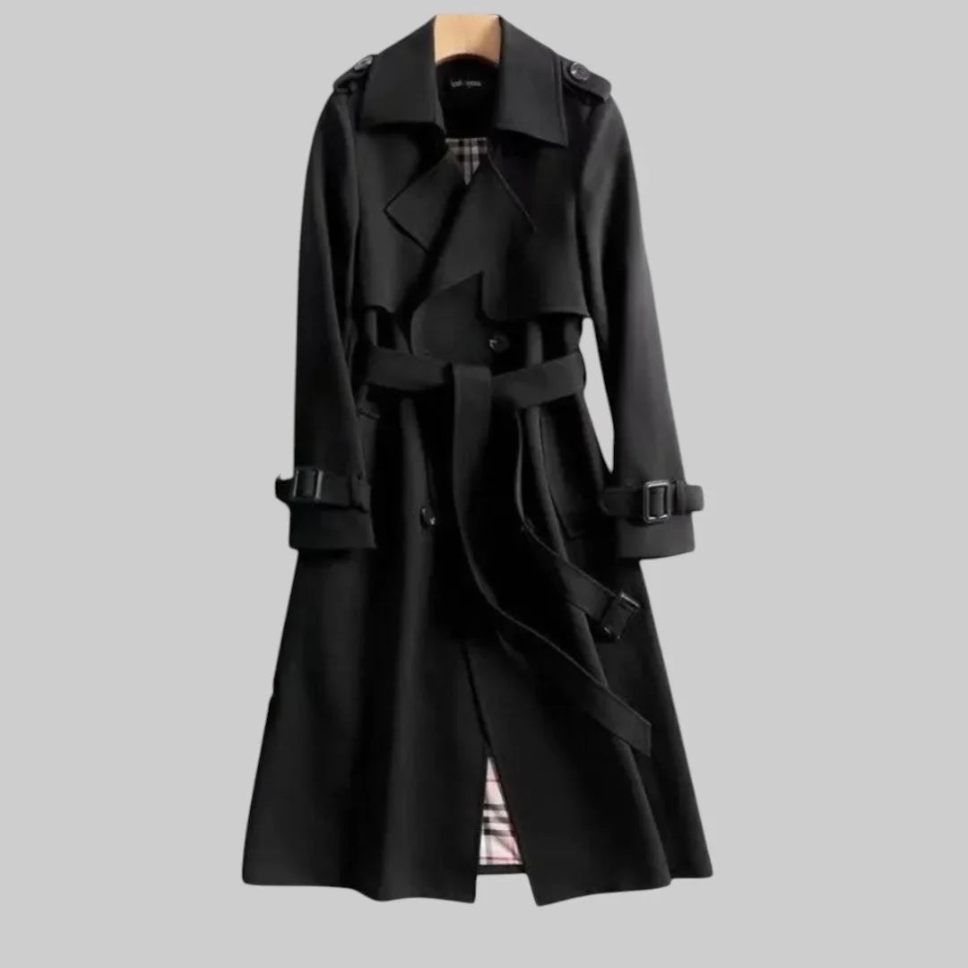 Women's Beige Double-Breasted Trench Coat – Belted Waist And Plaid Lining