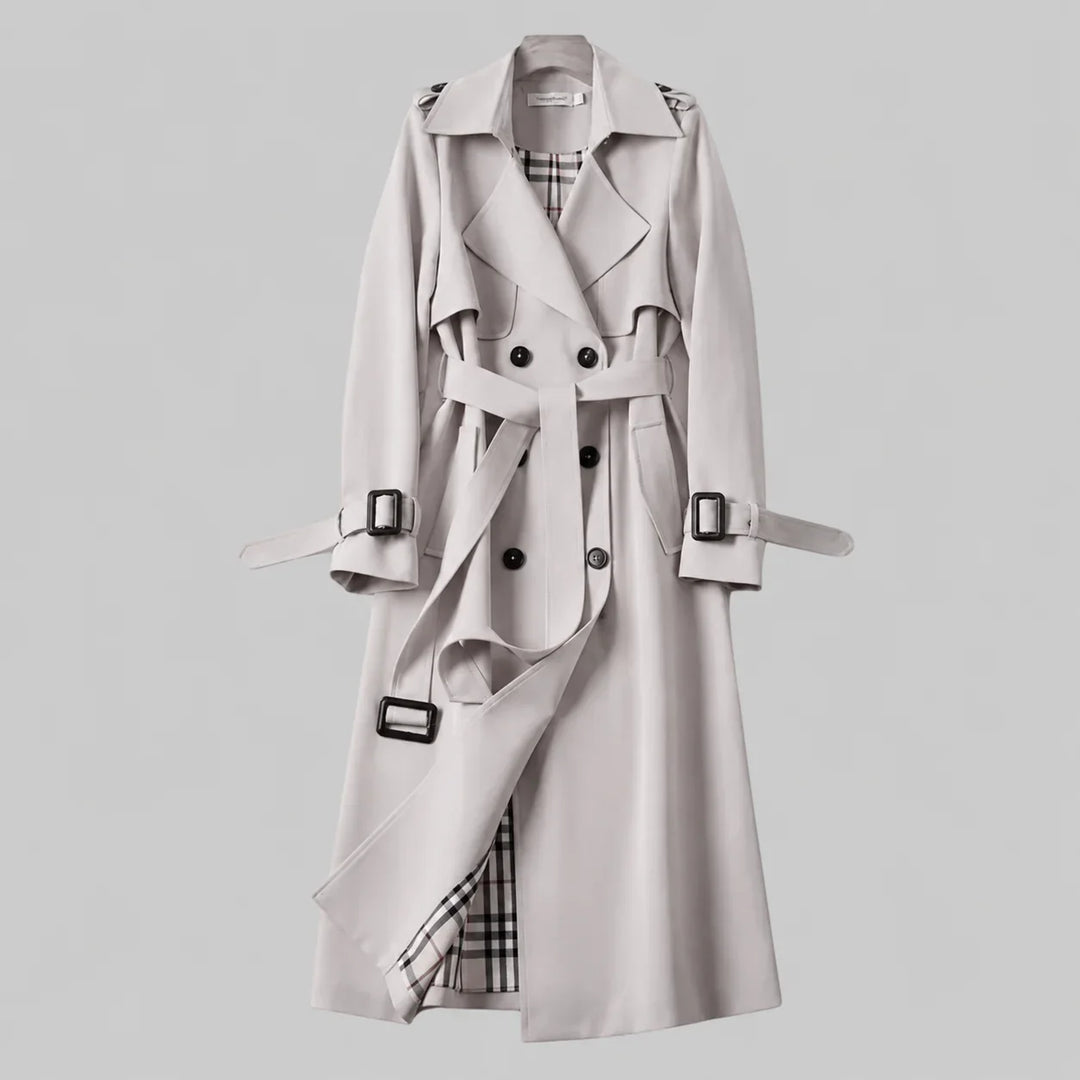Women's Beige Double-Breasted Trench Coat – Belted Waist And Plaid Lining