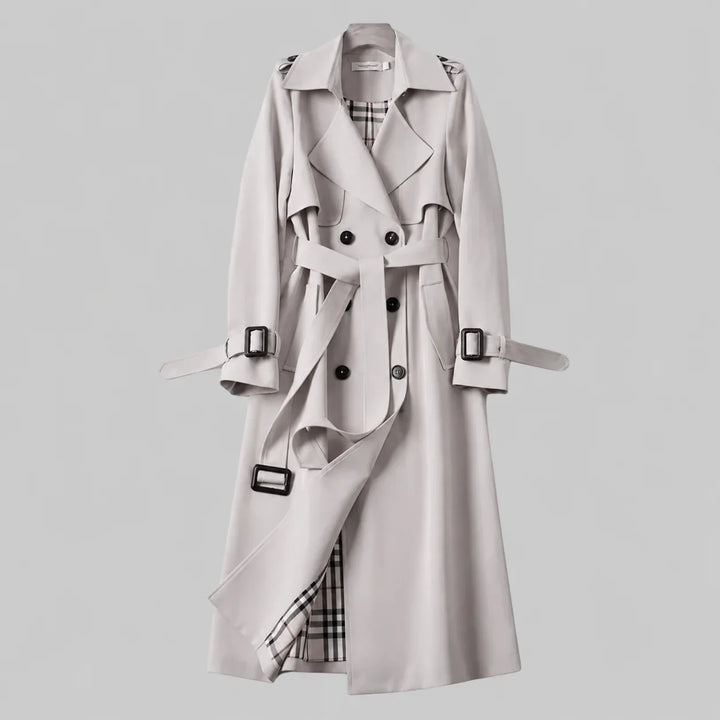 Women's Beige Double-Breasted Trench Coat – Belted Waist And Plaid Lining