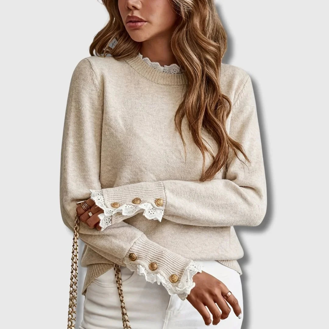 Women's Beige Long-Sleeve Knit Sweater – Ruffled Lace Collar And Cuffs