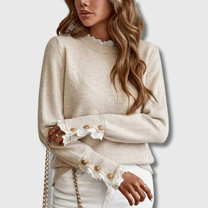 Women's Beige Long-Sleeve Knit Sweater – Ruffled Lace Collar And Cuffs