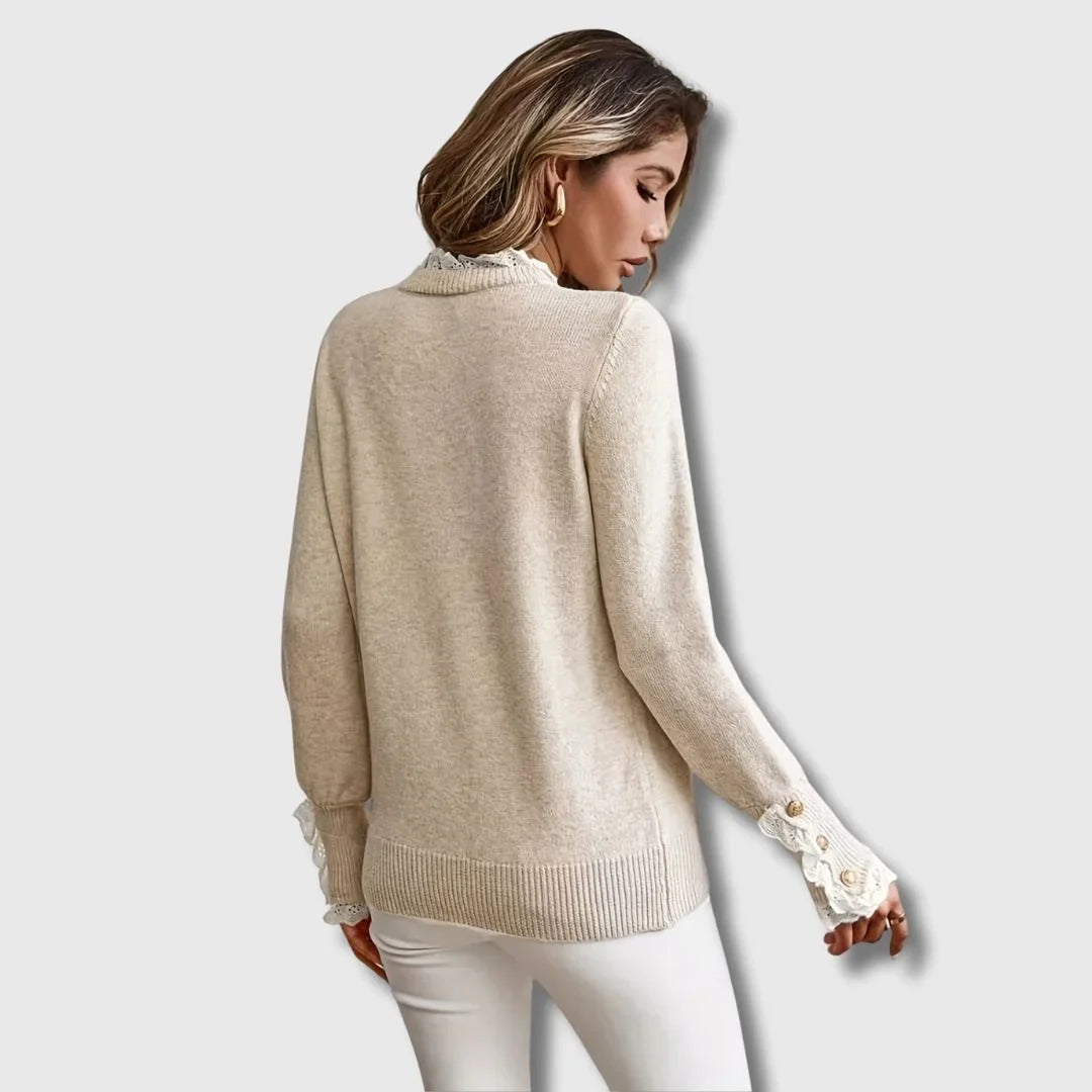 Women's Beige Long-Sleeve Knit Sweater – Ruffled Lace Collar And Cuffs
