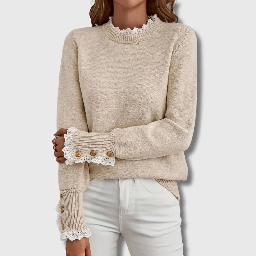 Women's Beige Long-Sleeve Knit Sweater – Ruffled Lace Collar And Cuffs
