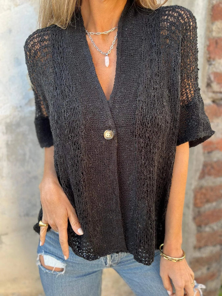 Women's Beige Open-Knit Cardigan – V-Neck Elbow-Sleeve Single Button Closure