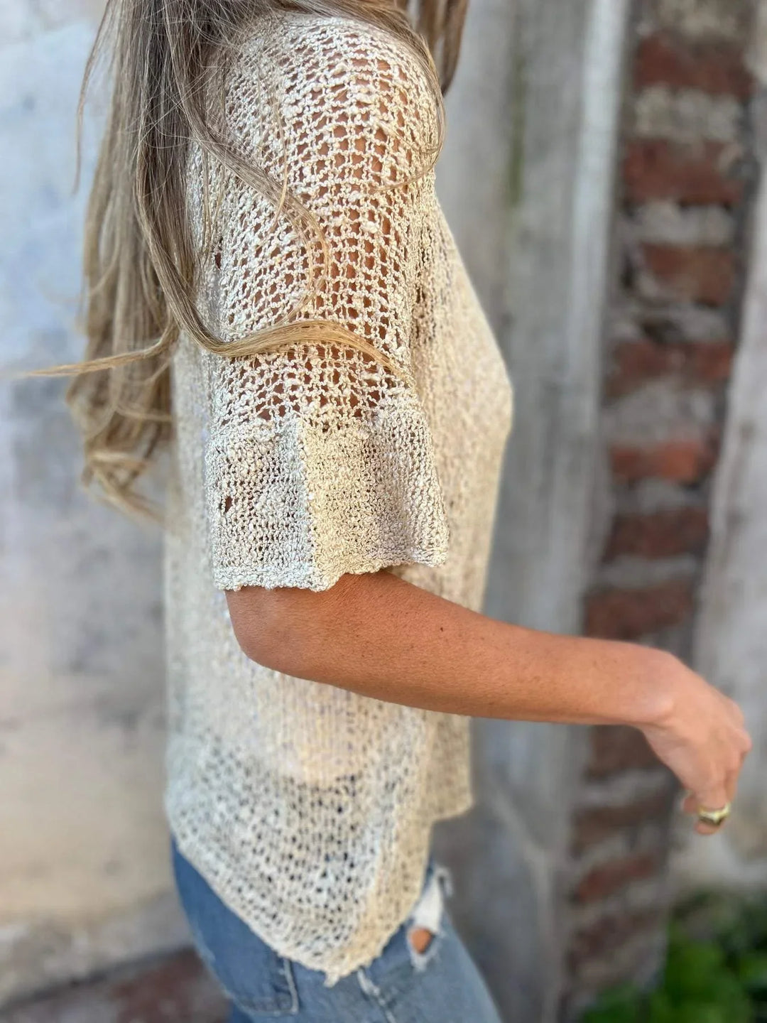 Women's Beige Open-Knit Cardigan – V-Neck Elbow-Sleeve Single Button Closure