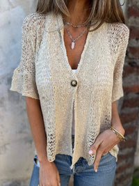 Women's Beige Open-Knit Cardigan – V-Neck Elbow-Sleeve Single Button Closure