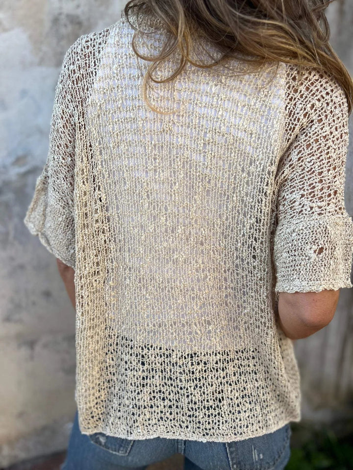 Women's Beige Open-Knit Cardigan – V-Neck Elbow-Sleeve Single Button Closure