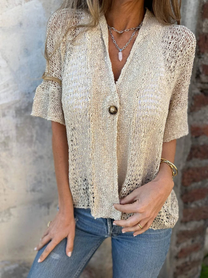 Women's Beige Open-Knit Cardigan – V-Neck Elbow-Sleeve Single Button Closure
