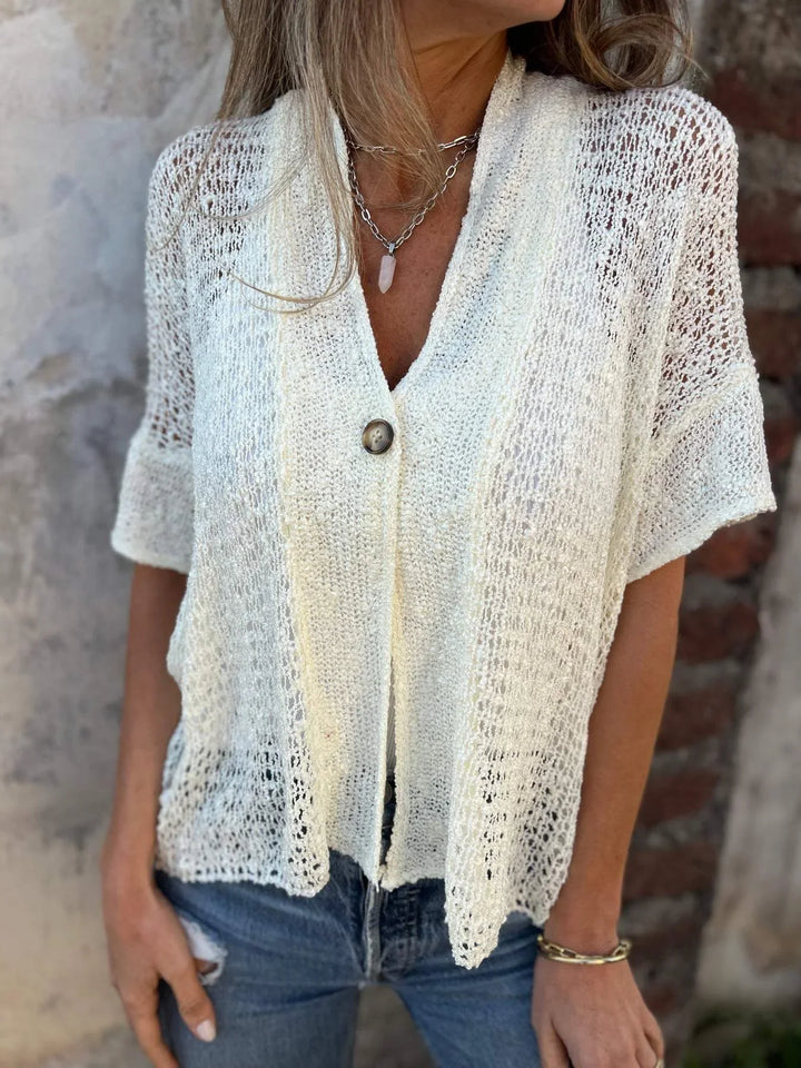 Women's Beige Open-Knit Cardigan – V-Neck Elbow-Sleeve Single Button Closure
