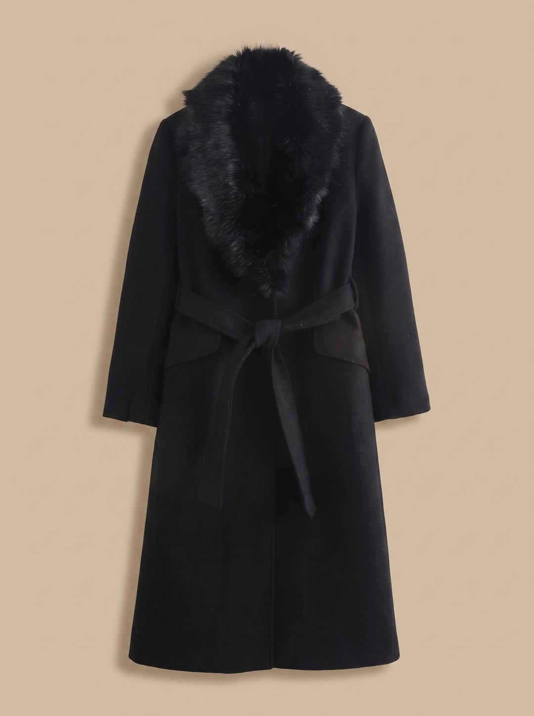 Women's Coat – Belted Faux Fur Collar Longline